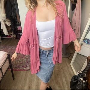 Pink Open-Front Ruffled Kimono Cardigan